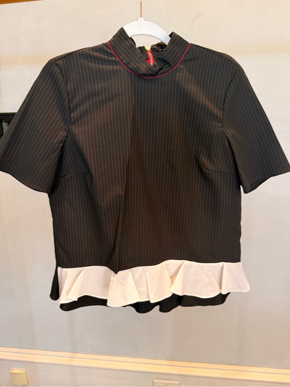 Zara Womens Black Pinstripe Short Sleeve Top with White Ruffle